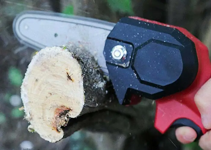 Four inch log cut cleanly by the Wood Ranger Mini Chainsaw